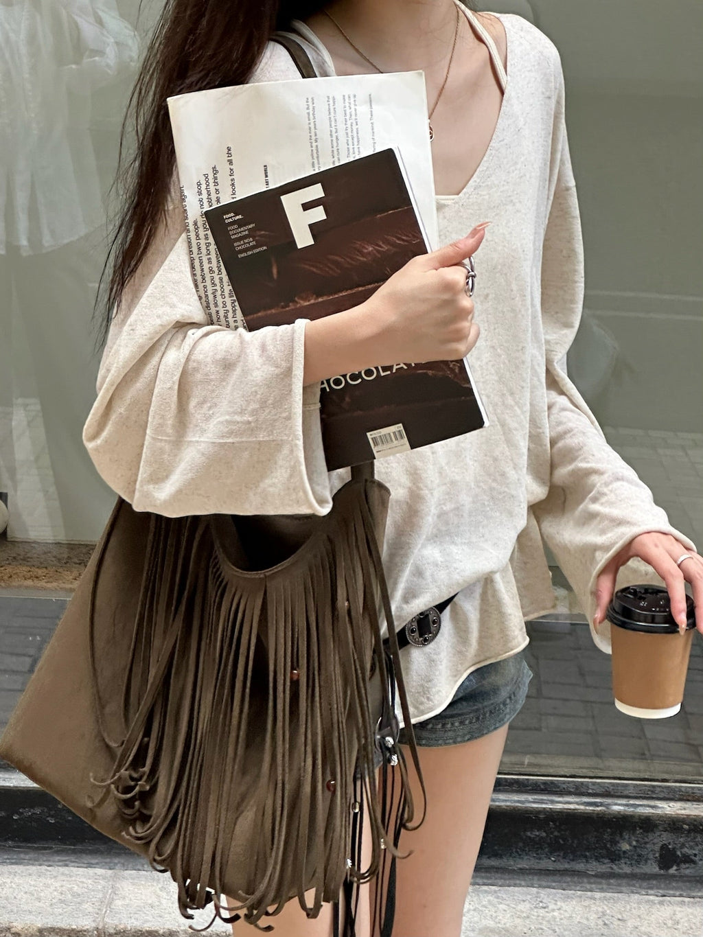 (モスグリーン)ラージ スエード フリンジ ビーズ バケットバッグ-TENERA ボヘミアンコレクション