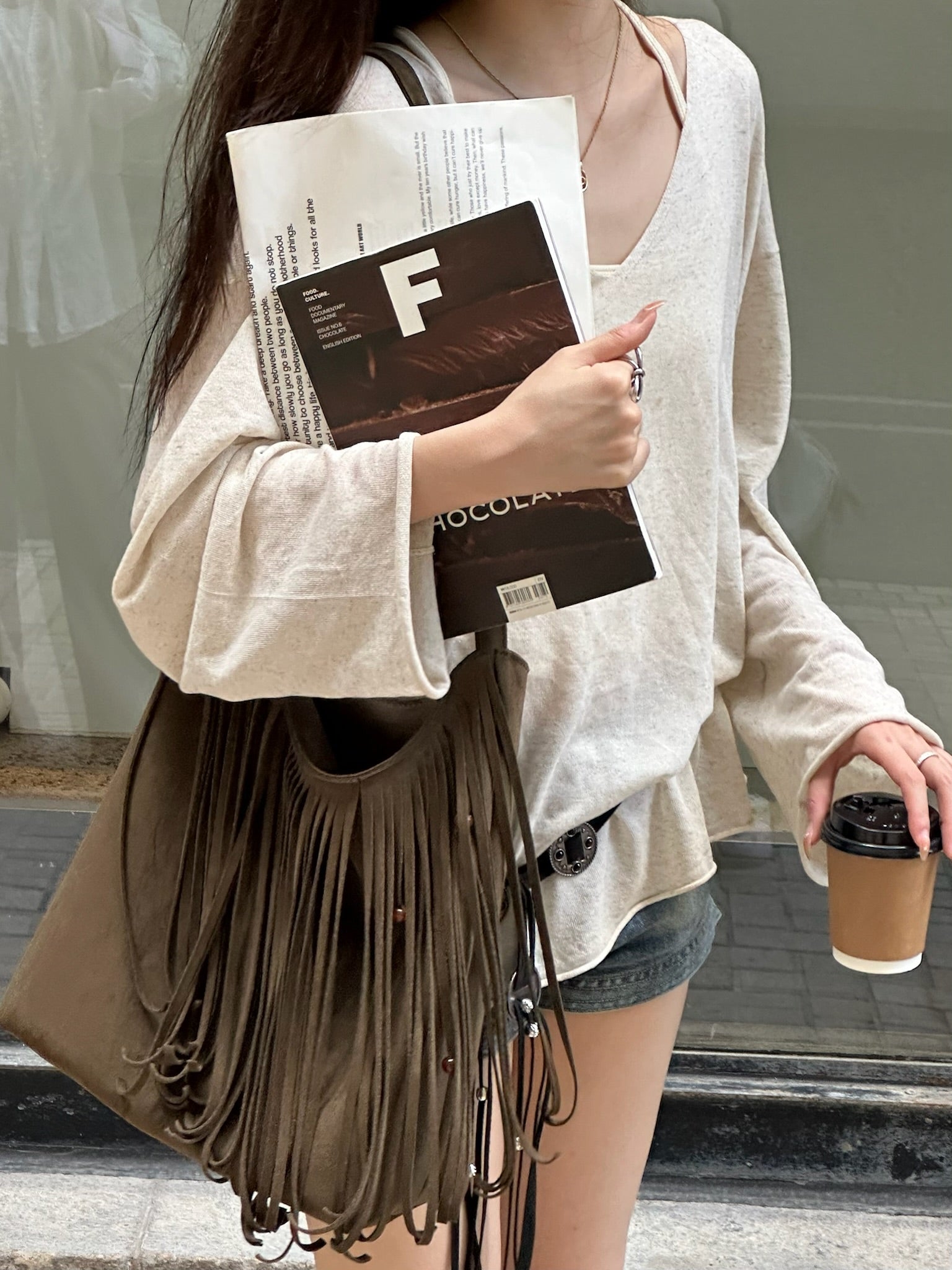 (モスグリーン)ラージ スエード フリンジ ビーズ バケットバッグ-TENERA ボヘミアンコレクション