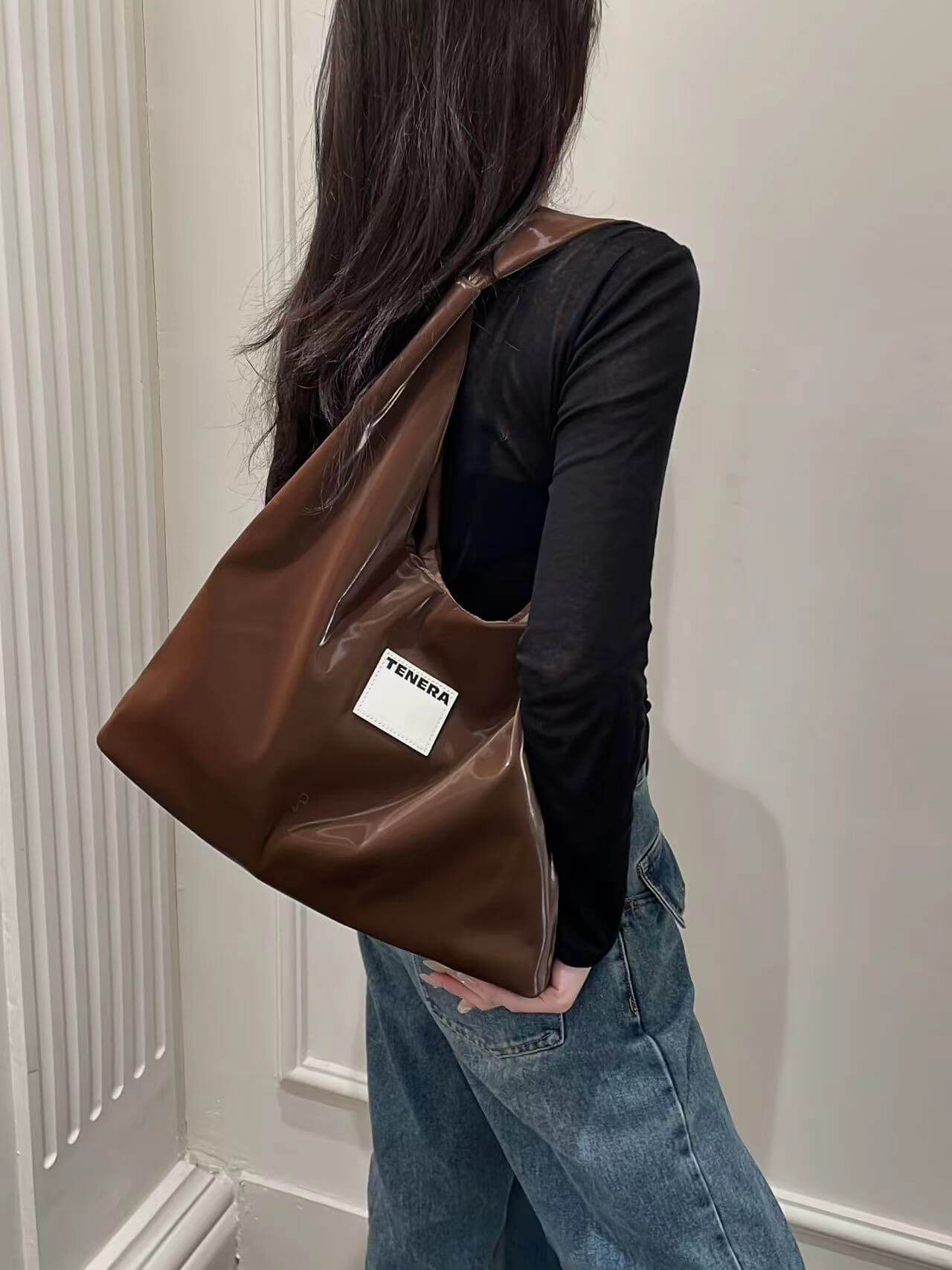 (Chocolate Velvet) Large Hobo Shoulder Bag -TENERA Velvet Collection - TENERA