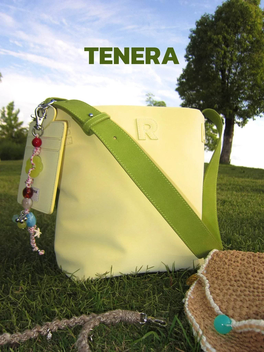 (Creamy Yellow & Olive Green)Color-Block Mini Bucket Bag-TENERA Velvet Collection - TENERA