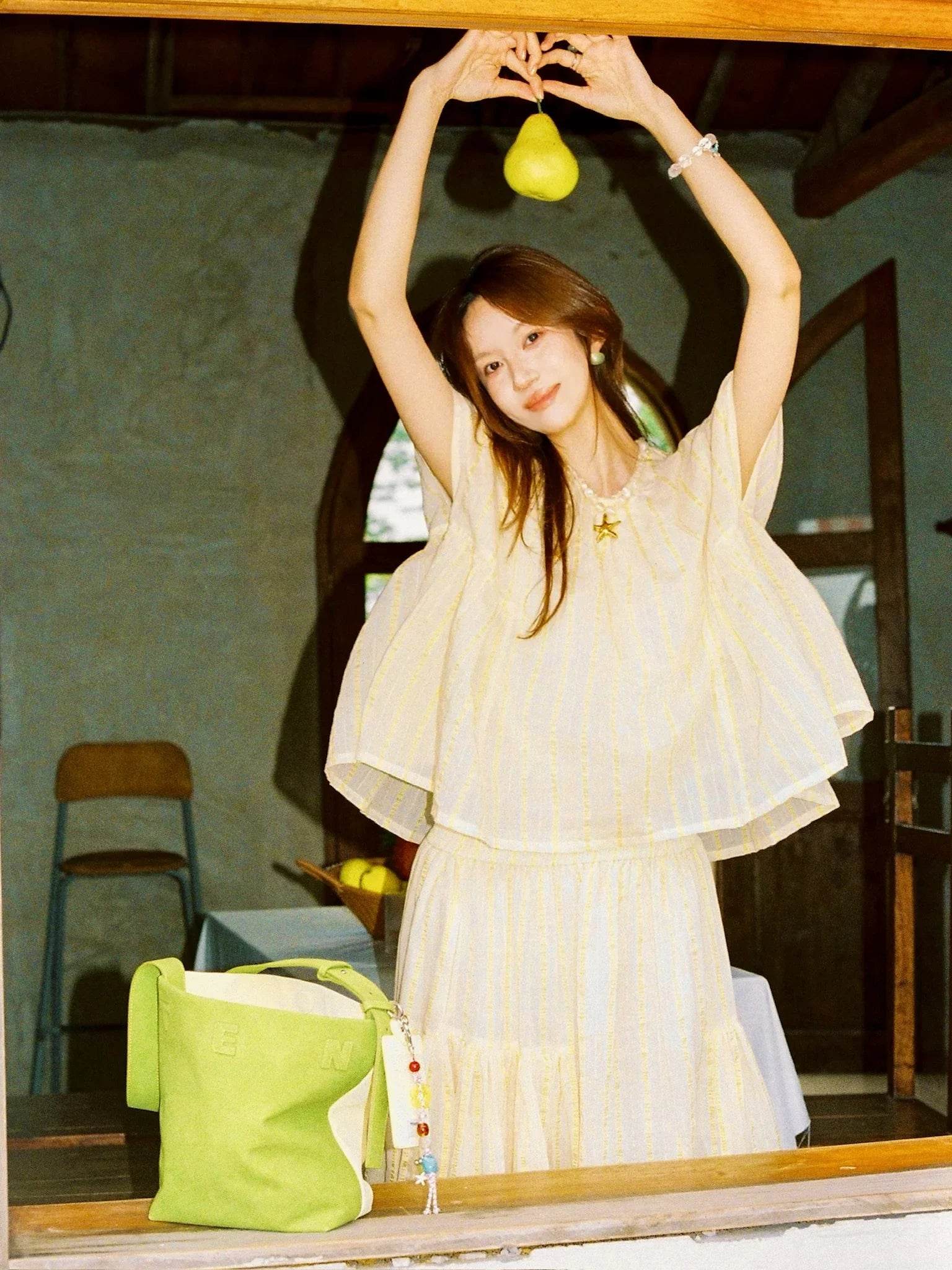 (Creamy Yellow & Olive Green)Color-Block Mini Bucket Bag-TENERA Velvet Collection - TENERA