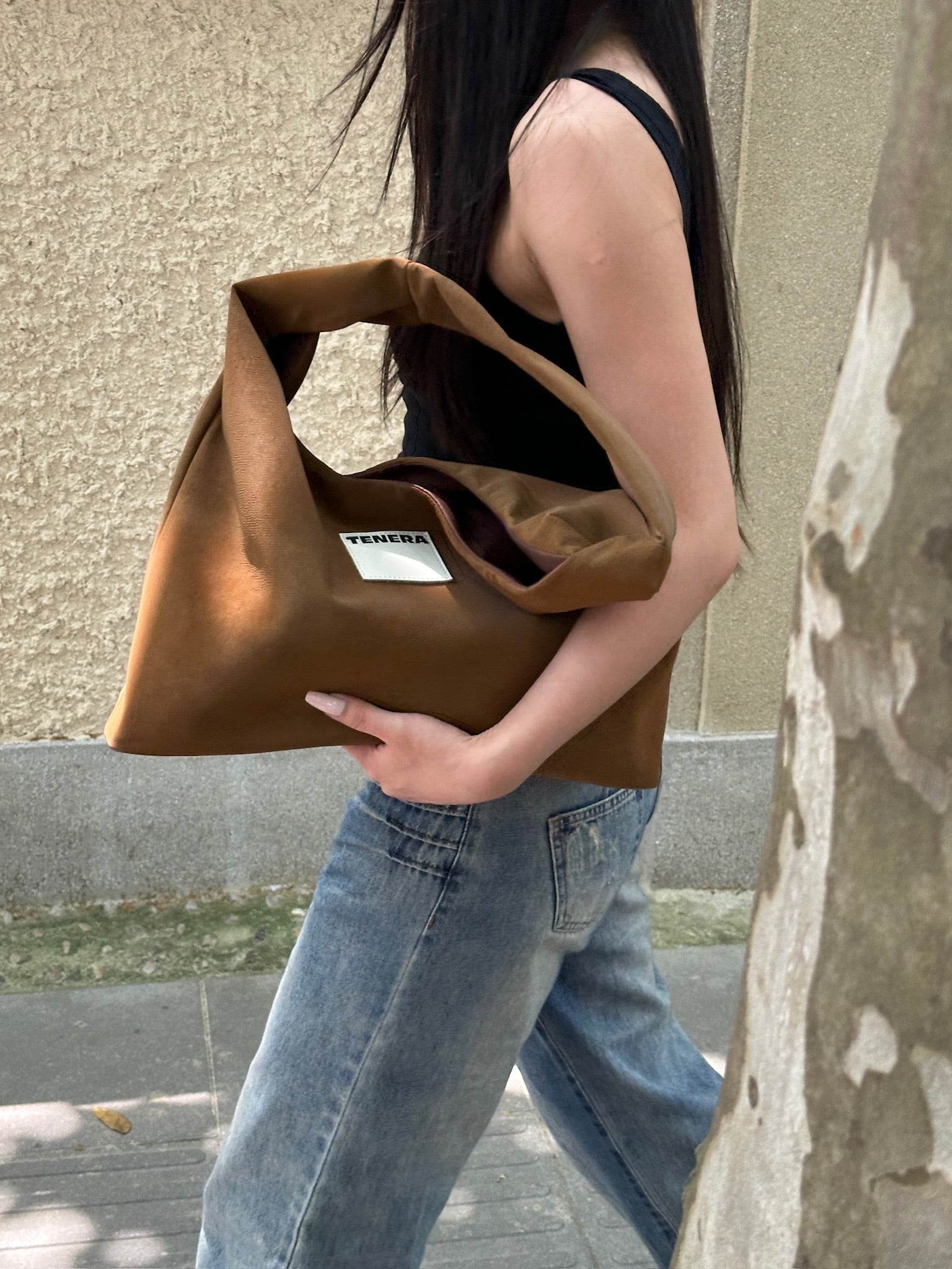 (Caramel)Large Hobo Shoulder Bag-TENERA Velvet Collection - TENERA