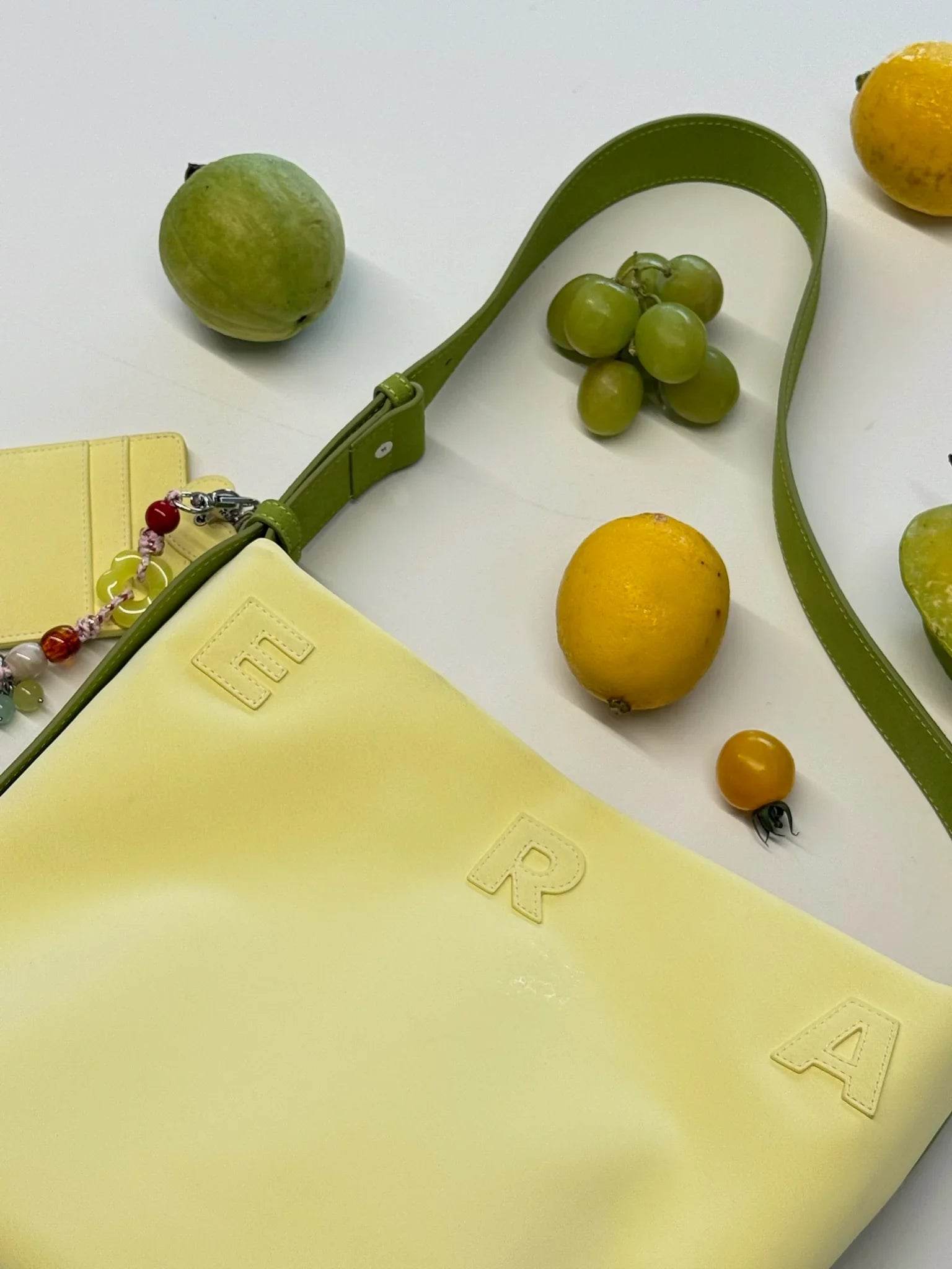 (Creamy Yellow & Olive Green)Color-Block Mini Bucket Bag-TENERA Velvet Collection - TENERA