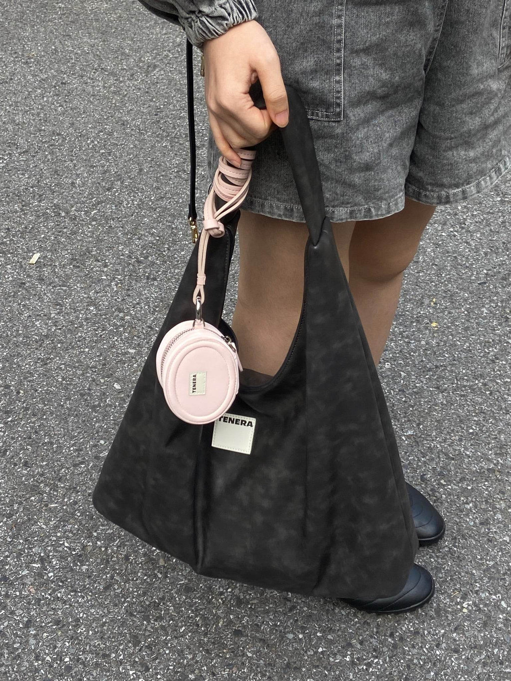 (Washed Black)Large Hobo Shoulder Bag-TENERA Velvet Collection - TENERA