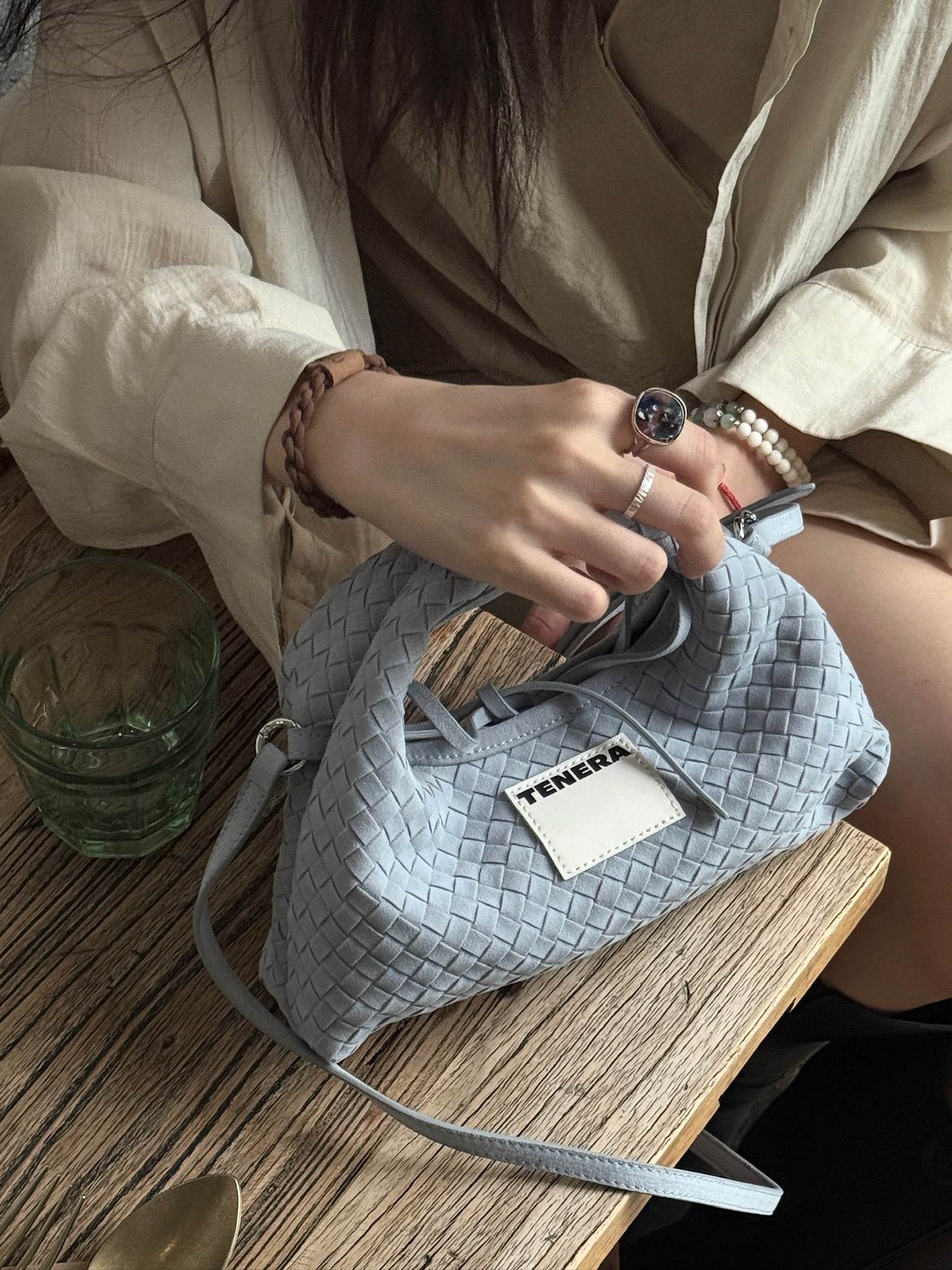 (Ash Blue)Mini Hobo Crossbody Bag-TENERA Handwoven Suede Collection - TENERA