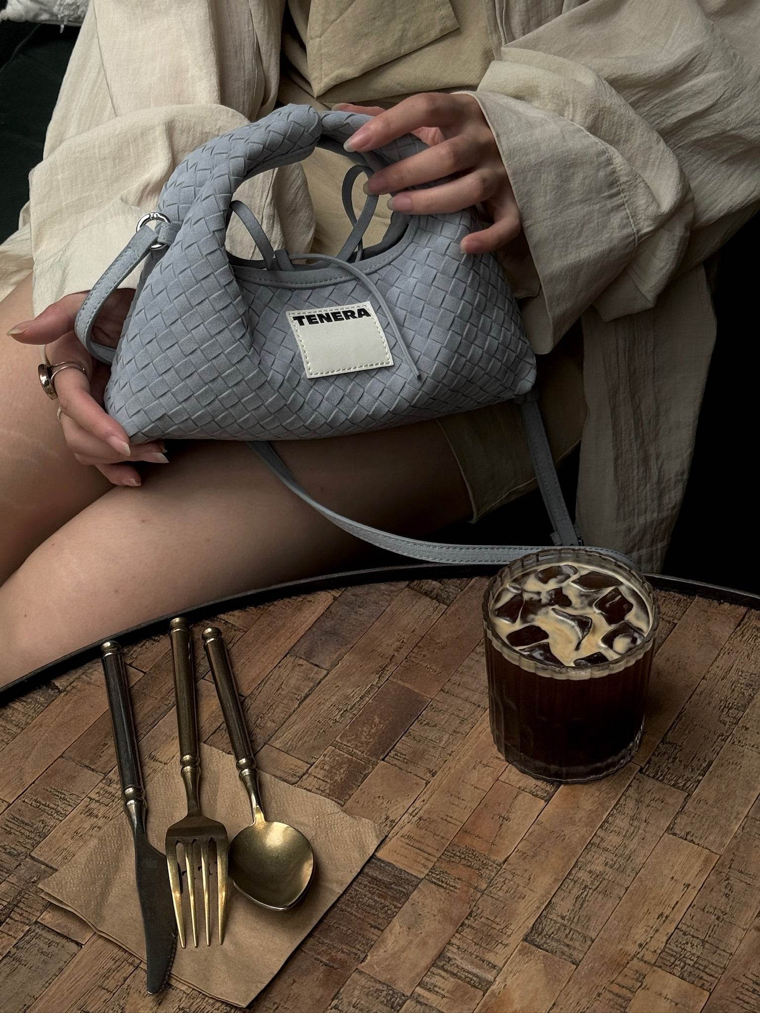 (Ash Blue)Mini Hobo Crossbody Bag-TENERA Handwoven Suede Collection - TENERA