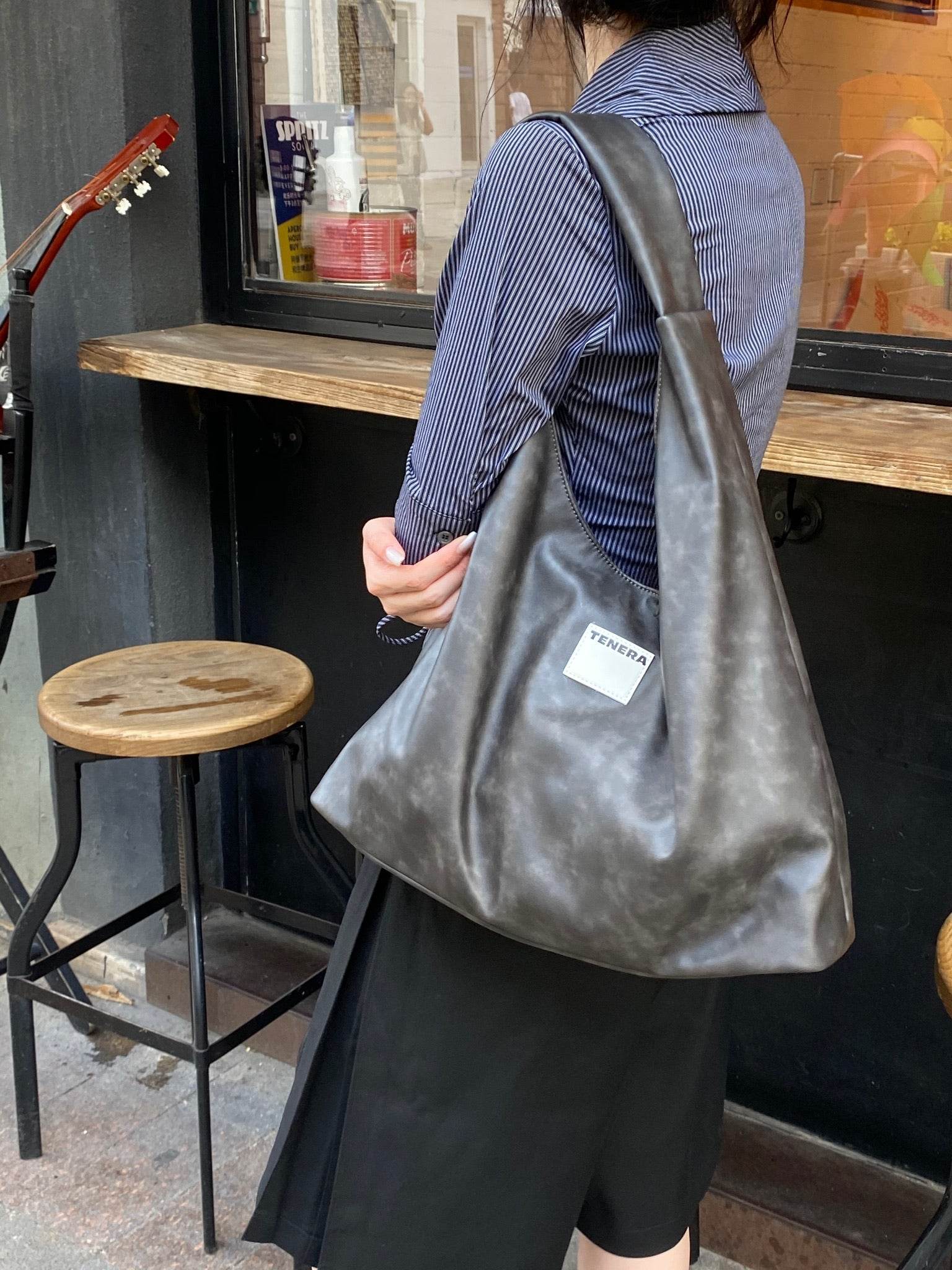 (Washed Black)Large Hobo Shoulder Bag-TENERA Velvet Collection - TENERA